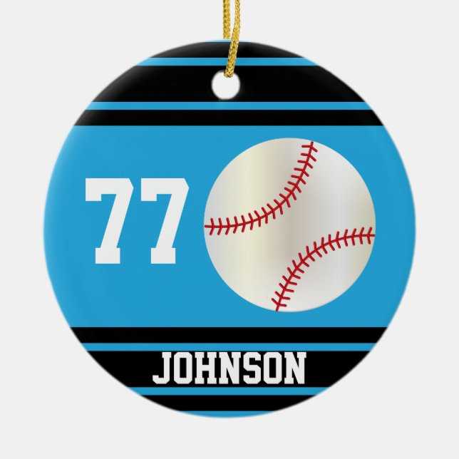 Personalised Baseball | Baby Blue and Black Ceramic Tree Decoration (Front)