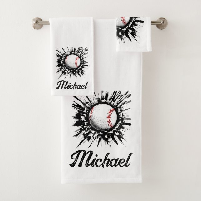 Personalised Baseball Ball Breaking Through Wall   Bath Towel Set (Insitu)