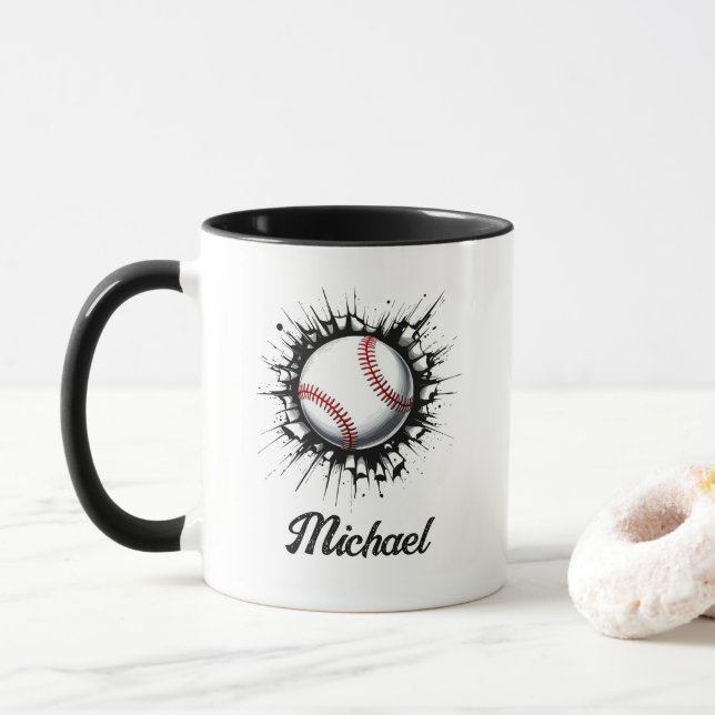 Personalised Baseball Ball Breaking Through Wall   Mug (With Donut)