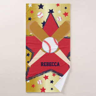 Personalised Baseball Bats Ball and Stars Gold Bath Towel