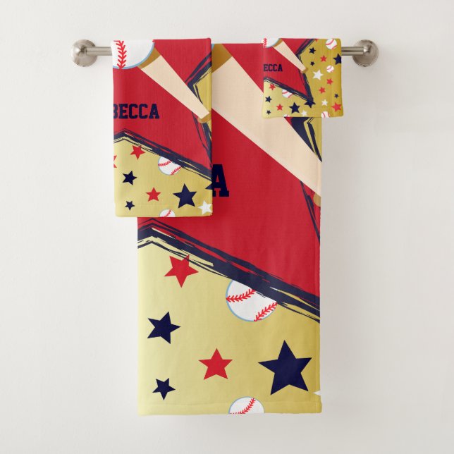 Personalised Baseball Bats Ball and Stars Gold Bath Towel Set (Insitu)