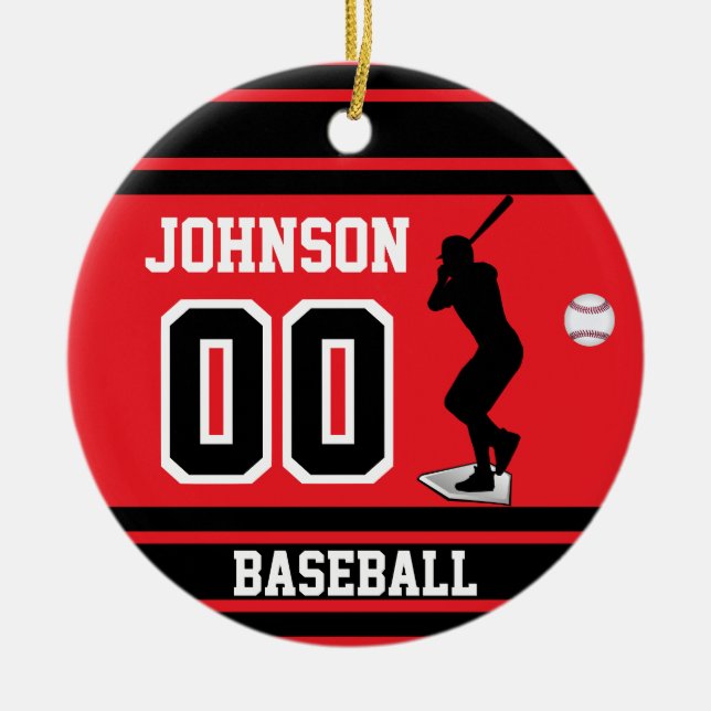 Personalised Baseball Batter | Red and Black Ceramic Ornament (Front)