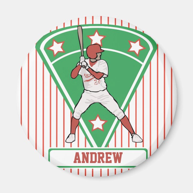 Personalised Baseball Batter Star Red Magnet (Front)