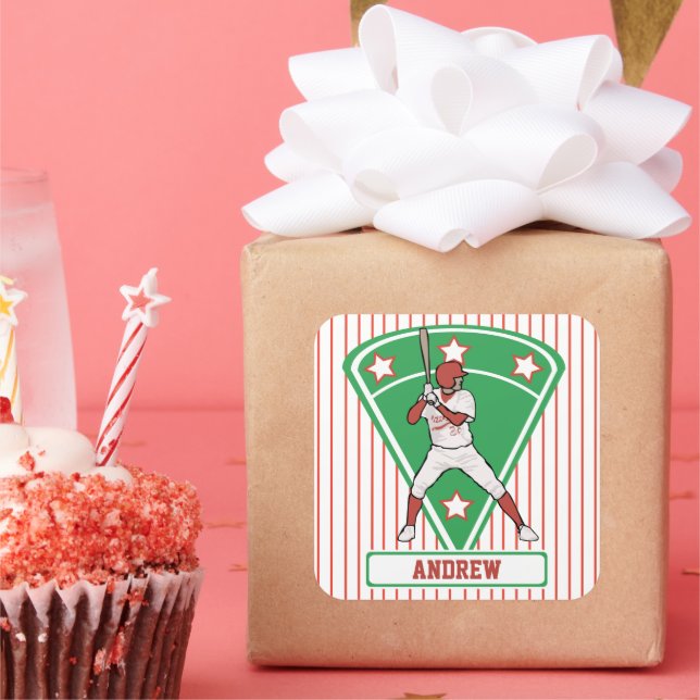 Personalised Baseball Batter Star Red Square Sticker (Party)