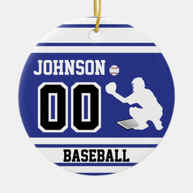 Personalised Baseball Catcher | Dark Blue & Black Ceramic Ornament (Front)