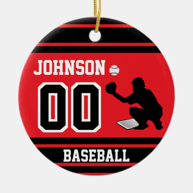 Personalised Baseball Catcher | Red and Black Ceramic Ornament (Front)