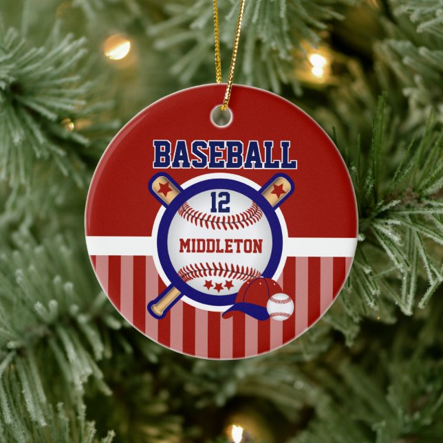 Personalised Baseball | Dark Red and Blue Ceramic Ornament (Tree)