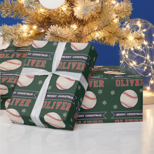 Personalised Baseball Merry Christmas Name Wrapping Paper