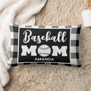 Personalised Baseball Mum Name Black Gingham Plaid Lumbar Cushion
