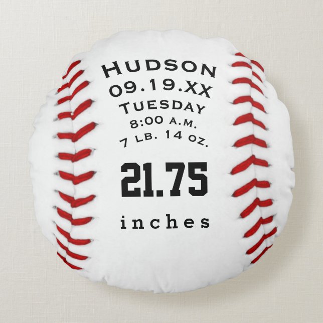 Personalised Baseball Name and Baby Stats Round Cushion (Front)