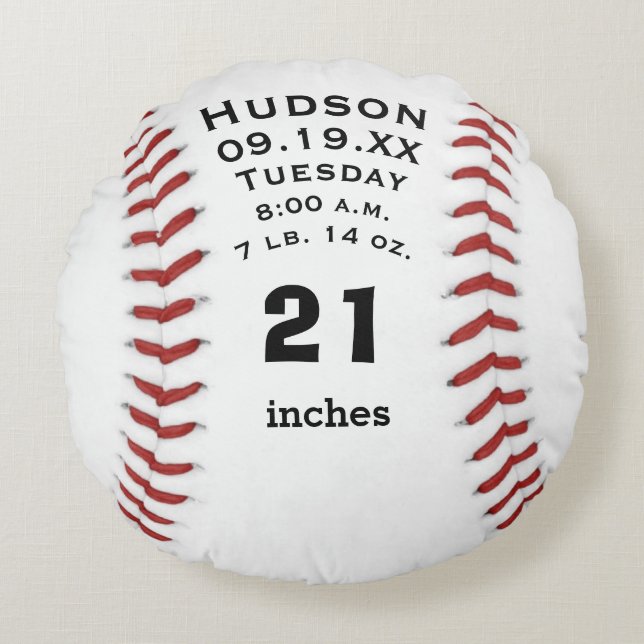 Personalised Baseball Name and Baby Stats Round Cushion (Front)
