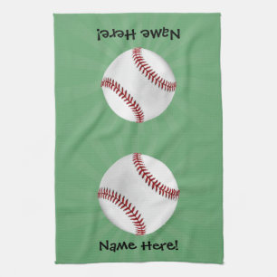 Personalised Baseball on Green Kids Boys Tea Towel