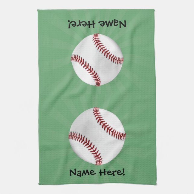 Personalised Baseball on Green Kids Boys Tea Towel (Vertical)