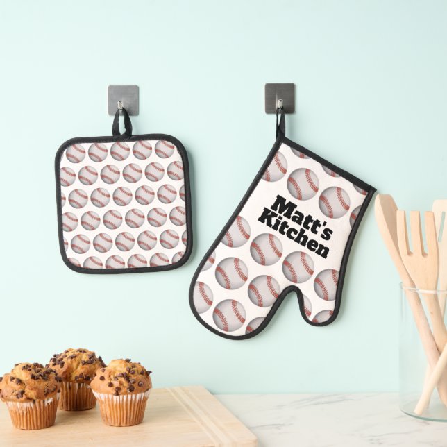 Personalised Baseball Oven Mitt & Pot Holder Set (Insitu(Hanging))