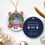 Personalised Baseball Photo & Player Stats Ceramic Ornament<br><div class="desc">Commemorate an awesome season for your favourite baseball player with this cool custom ornament. Personalise the front with the player's photo,  name and jersey number on a baseball illustration background. Then add more details to the back,  including the team or league name,  season,  age,  position,  and coach name.</div>