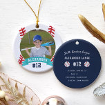 Personalised Baseball Photo & Player Stats Ceramic Ornament<br><div class="desc">Commemorate an awesome season for your favourite baseball player with this cool custom ornament. Personalise the front with the player's photo,  name and jersey number on a baseball illustration background. Then add more details to the back,  including the team or league name,  season,  age,  position,  and coach name.</div>