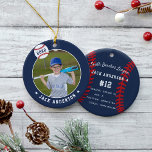 Personalised Baseball Photo & Player Stats Ceramic Ornament<br><div class="desc">Commemorate an awesome season for your favourite baseball player with this cool custom ornament in a navy blue, red, and white colorway. Personalise the front with the player's photo, name and the year, and add more details to the back, including the team or league name, season, age, position, and coach...</div>