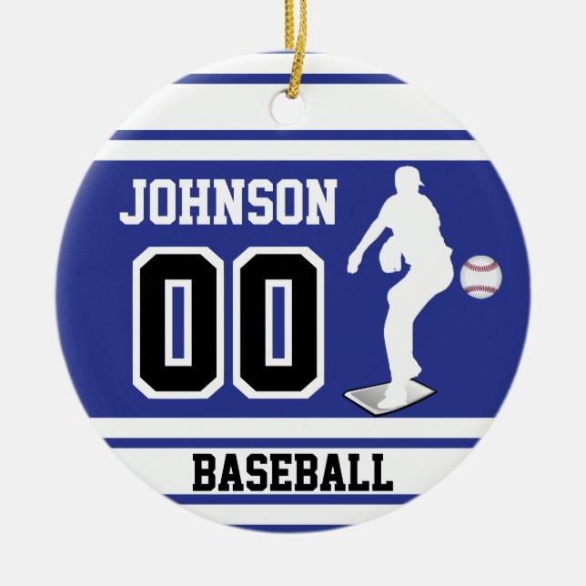Personalised Baseball Pitcher | Dark Blue & White Ceramic Ornament (Front)