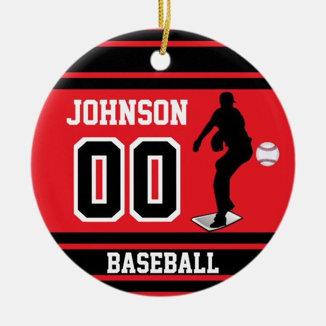 Personalised Baseball Pitcher | Red and Black Ceramic Ornament (Front)