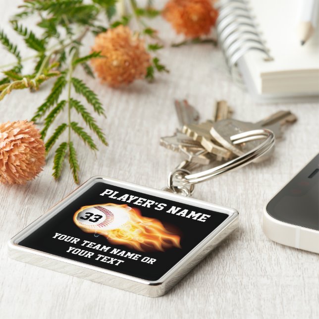 Personalised Baseball Senior Gifts Flaming Ball Key Ring (Side)