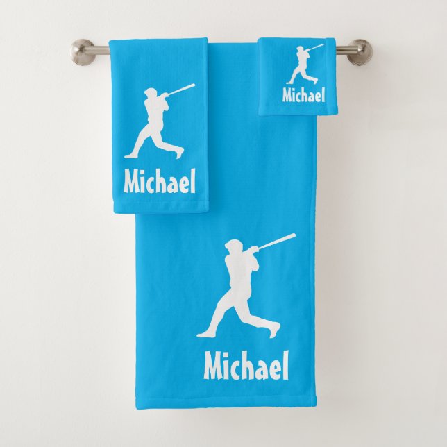 Personalised Baseball Sports blue and white Bath Towel Set (Insitu)