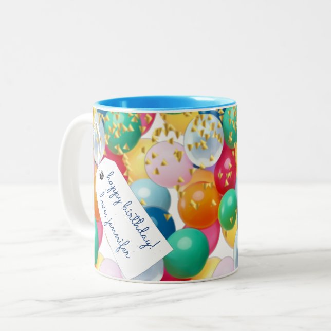 Personalised basic balloons confetti birthday Two-Tone coffee mug (Front Left)