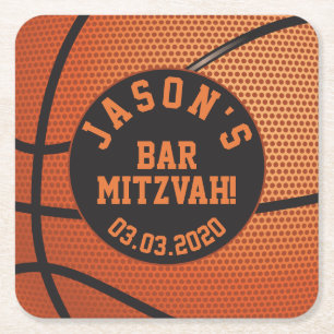 Personalised Basketball Bar Mitzvah Orange Black Square Paper Coaster
