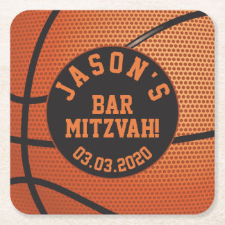 Personalised Basketball Bar Mitzvah Orange Black Square Paper Coaster