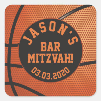 Personalised Basketball Bar Mitzvah Orange Black Square Sticker