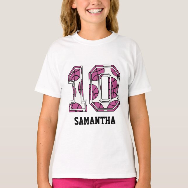 Personalised Basketball Number 10 Pink and White T-Shirt (Front)