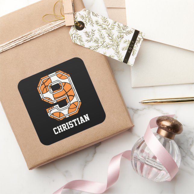Personalised Basketball Number 9 Square Sticker (Gifting)