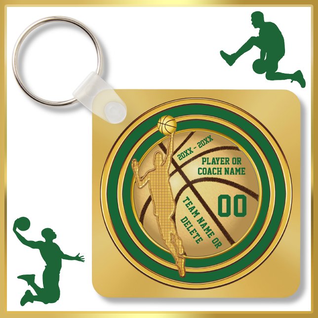 Personalised Basketball Party Favours. Green, Gold Key Ring (Personalized Basketball Keychains. Basketball party favors. Cheap basketball gifts, for Boys.)
