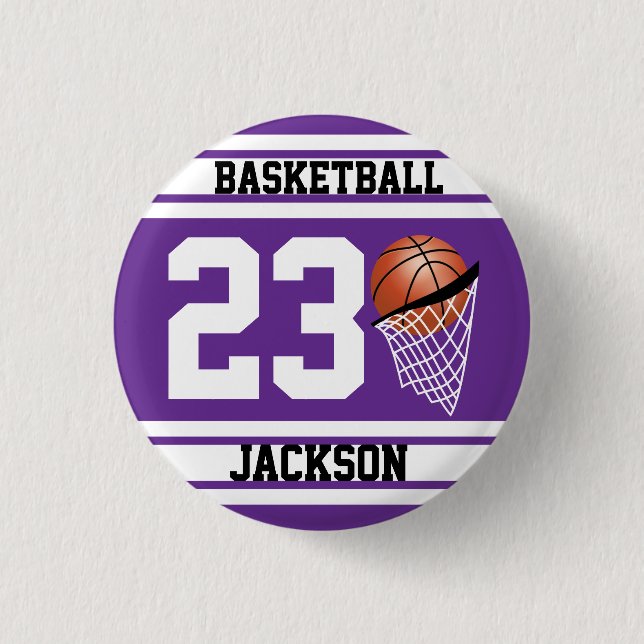 Personalised Basketball Purple and White 3 Cm Round Badge (Front)