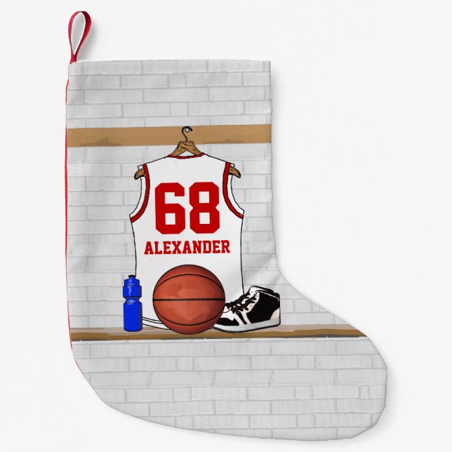 Personalised basketball shirt in locker room small christmas stocking (Front)
