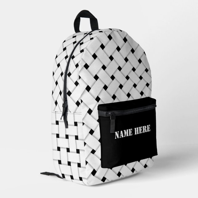 Personalised Basketweave Pattern, Black and White Printed Backpack (Back Corner Left)