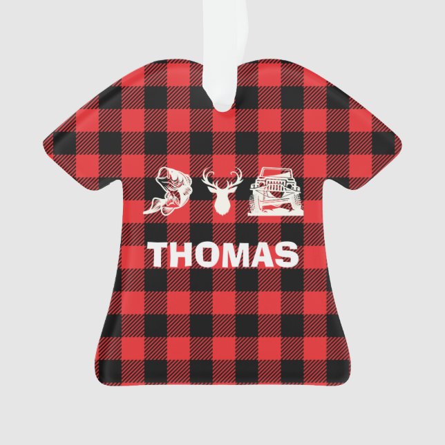 Personalised Bass Bucks Trucks Fishing Red Plaid Ornament (Front)