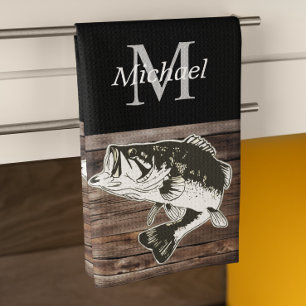 Personalised Bass Fishing Monogram Outdoors Rustic Tea Towel