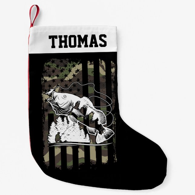 Personalised Bass Fishing USA Flag Sportsmen Gift Small Christmas Stocking (Front)