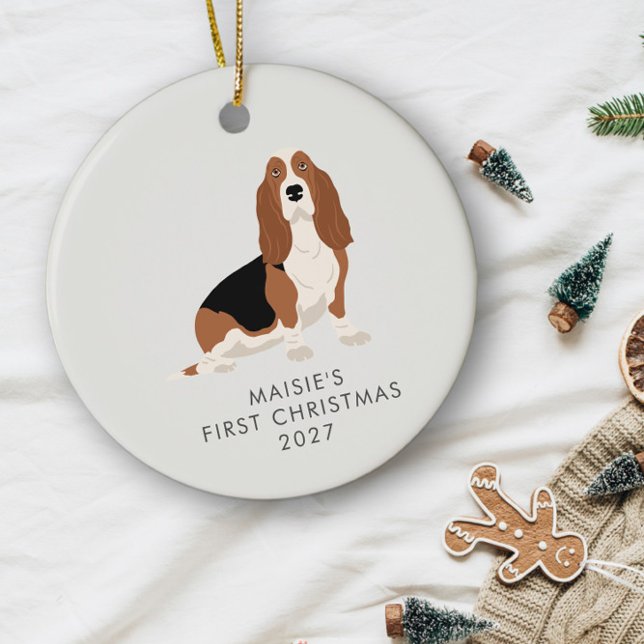 Personalised Basset Hound Dog First Christmas Ceramic Ornament (Creator Uploaded)
