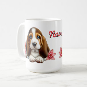Personalised Basset Hound Puppy With Flowers Coffee Mug