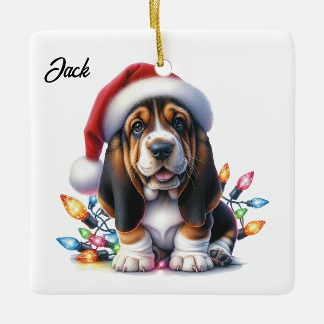 Personalised Bassett Hound Santa Christmas Ceramic Ornament (Front)