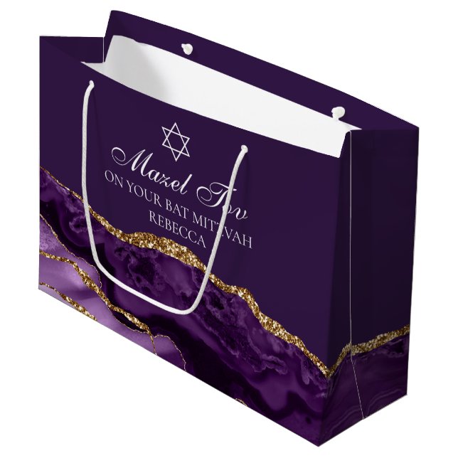 Personalised Bat Mitzvah Mazel Tov Purple Gold Large Gift Bag (Front Angled)