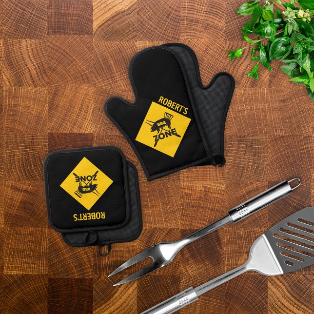 Personalised BBQ Zone Caution Sign Design Oven Mitt & Pot Holder Set (Creator Uploaded)