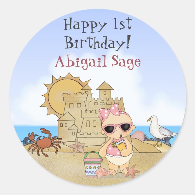 Personalised Beach Baby 1st Birthday Stickers (Front)