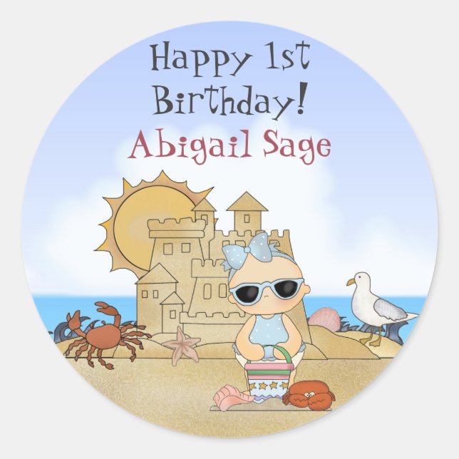 Personalised Beach Baby 1st Birthday Stickers (Front)