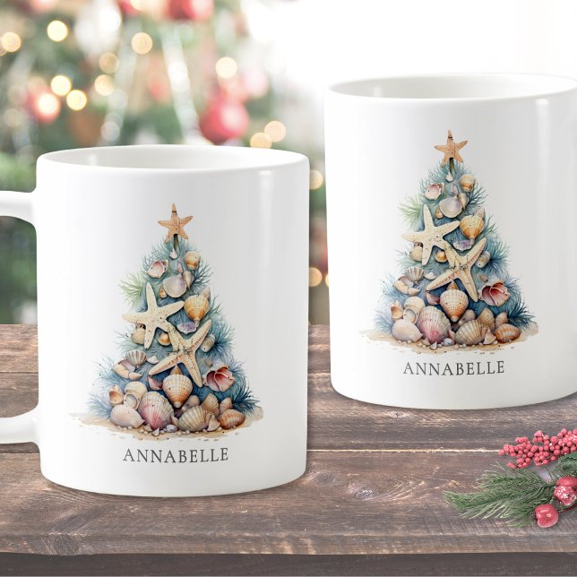 Personalised Beach Christmas Coffee Mug (Personalized Name Christmas Tree Beach Coffee Mug)