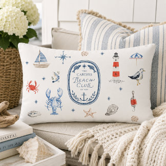 Personalised Beach Club Crest Coastal Throw Pillow