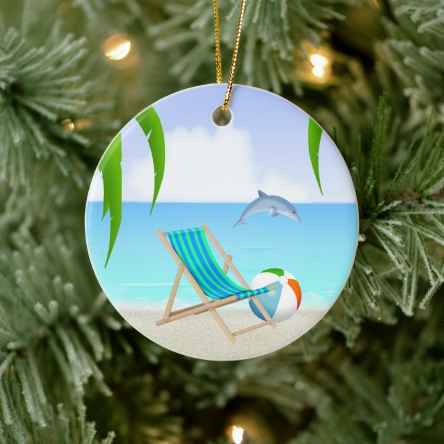 Personalised Beach Fun Dolphin Holiday Christmas Ceramic Ornament (Tree)