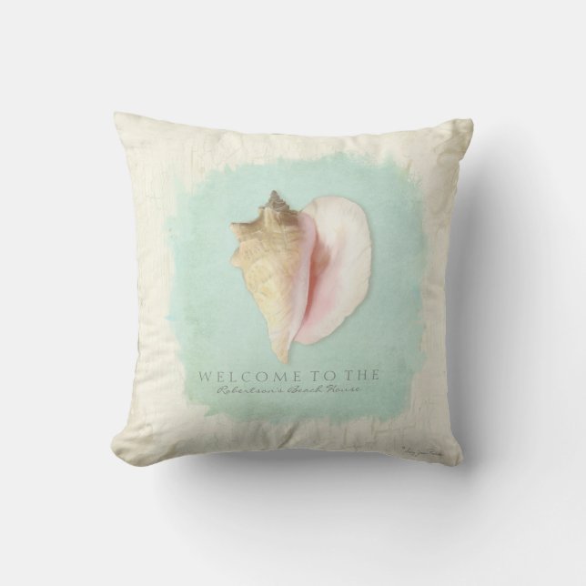 Personalised Beach House Welcome Sign Conch Shell Cushion (Front)