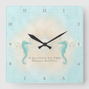 Personalised Beach House Welcome Sign Seahorses Square Wall Clock
